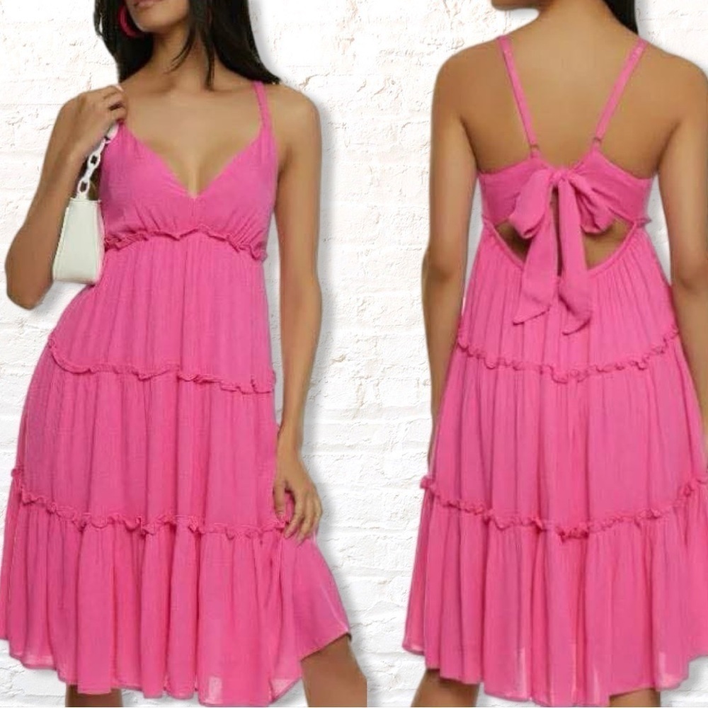 Haute Monde Gauze Sleeveless Tie Back 3-Tier Dress Pink Size Medium